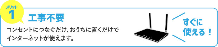 メリット1　工事不要　コンセントにつなぐだけ、おうちに置くだけでインターネットが使えます。