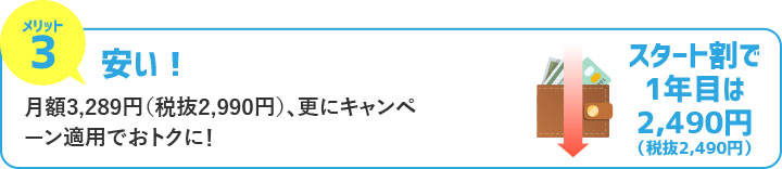 メリット3　安い！　月額3,289円（税抜2,990円）、更にキャンペーン適用でおトクに！