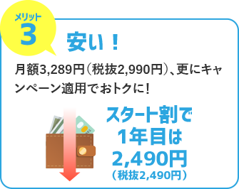 メリット3　安い！　月額3,289円（税抜2,990円）、更にキャンペーン適用でおトクに！