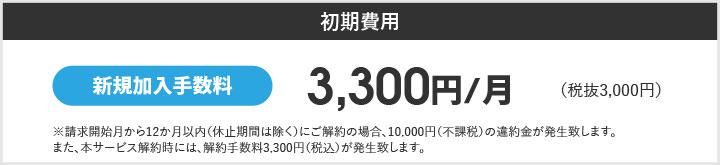 初期費用　新規加入手数料　3,300円/月（税抜3,000円）※請求開始月から12ヵ月以内（休止期間は除く）にご解約の場合、2,990円（不課税）の違約金が発生します。また、本サービス解約時には、解約手数料3,300円が発生します。